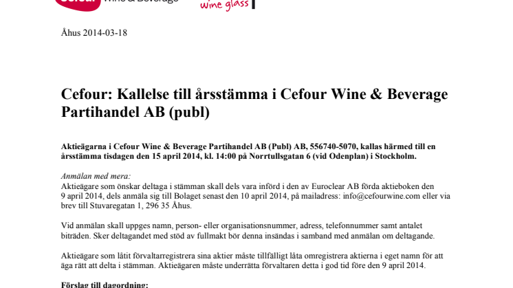 Kallelse till årsstämma i Cefour Wine & Beverage Partihandel AB (publ)