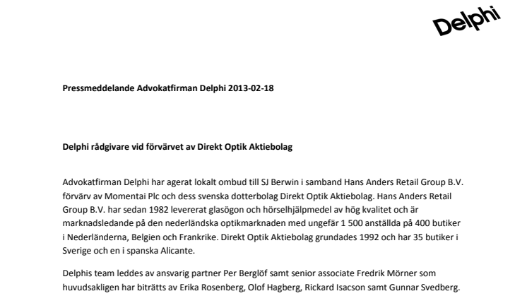 Delphi rådgivare vid förvärvet av Direkt Optik Aktiebolag