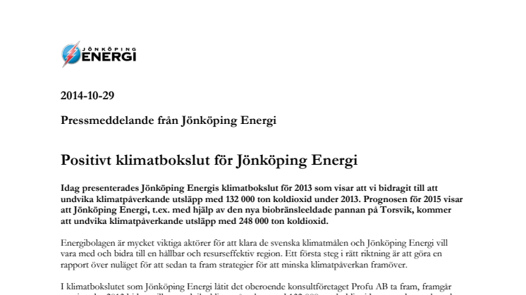 Positivt klimatbokslut för Jönköping Energi