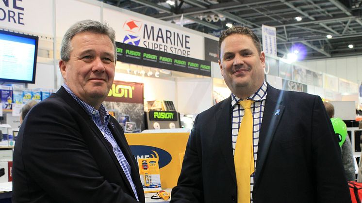 From left: Charlie Mill, Sales Director of 3Si, and James Hewitt, Sales and Marketing Manager, Ocean Signal, at the London Boat Show.	