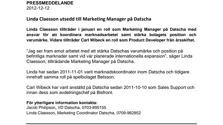 Linda Claesson utsedd till Marketing Manager på Datscha 