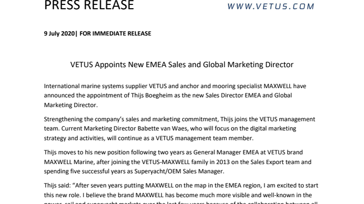 VETUS Appoints New EMEA Sales and Global Marketing Director