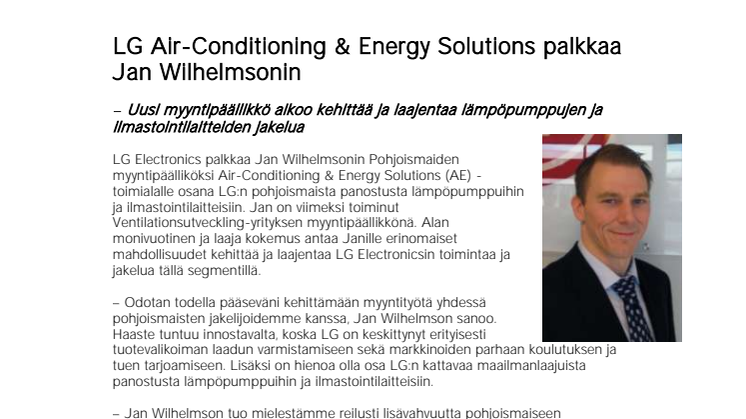 LG Air-Conditioning & Energy Solutions palkkaa Jan Wilhelmsonin