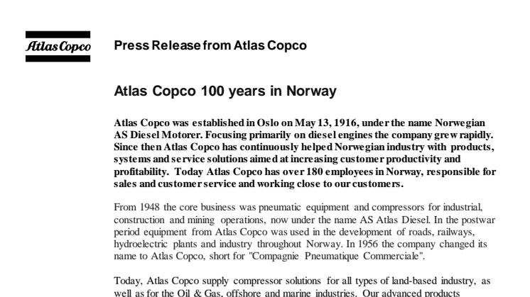Atlas Copco 100 years in Norway