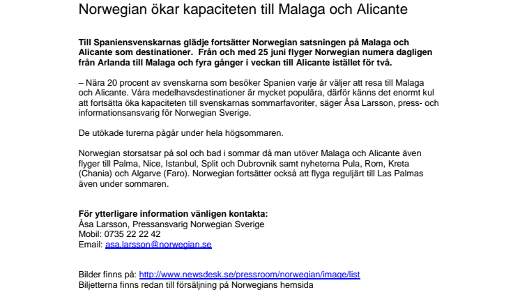 Norwegian ökar kapaciteten till Malaga och Alicante