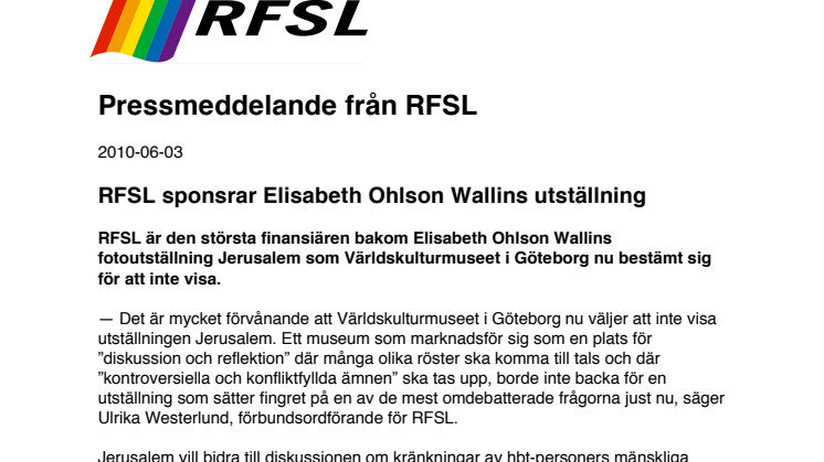 RFSL sponsrar Elisabeth Ohlson Wallins utställning