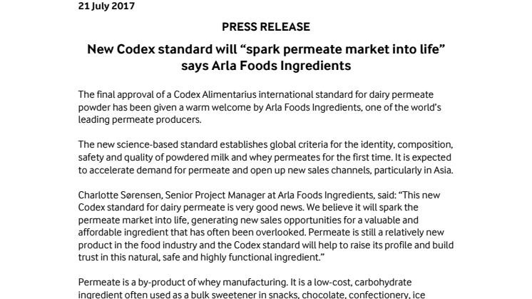 Press release – New Codex standard will “spark permeate market into life” says Arla Foods Ingredients