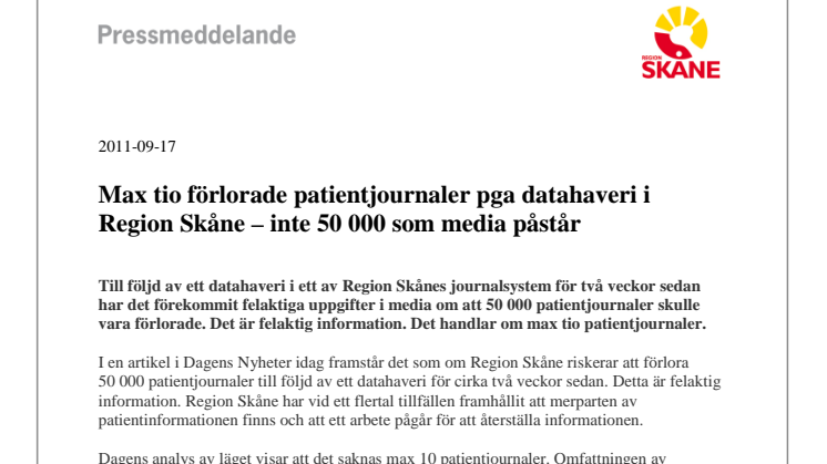 Max tio förlorade patientjournaler pga datahaveri i Region Skåne – inte 50 000 som media påstår