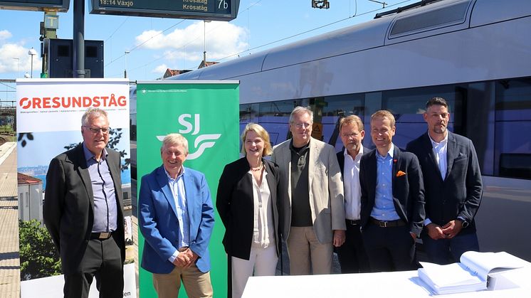 Från vänster: Gert-Olof Karlsson, Kronoberg, Jarl Samuelsson, Västtrafik, Caroline Åstrand, SJ, Sören Bergerland, Blekingetrafiken, Karl-Johan Bodell, Kalmar, Linus Eriksson, Skånetrafiken och Andreas Almquist, Hallandstrafiken.