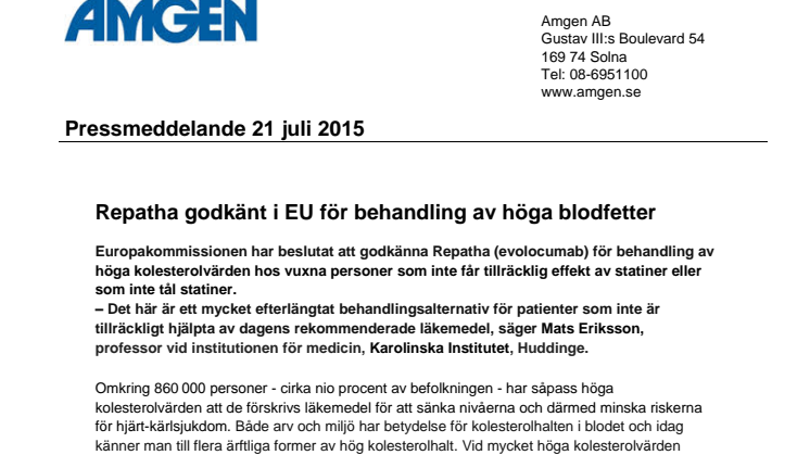 Repatha godkänt i EU för behandling av höga blodfetter