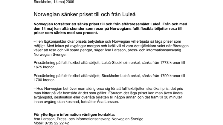 Norwegian sänker priset till och från Luleå