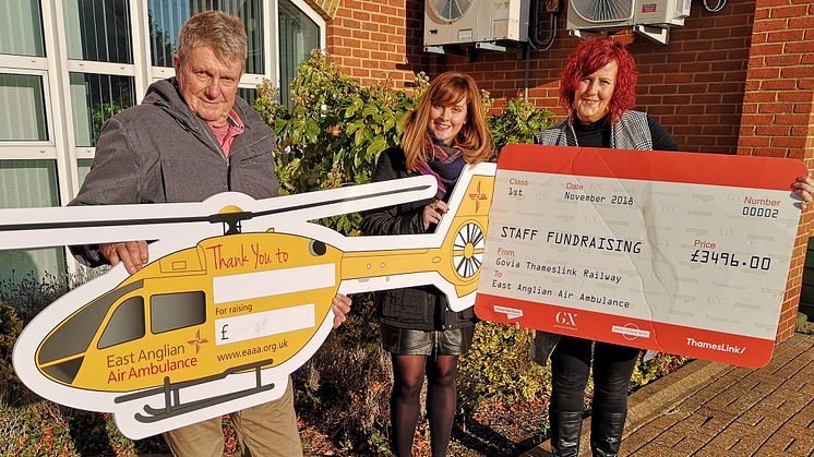 (from left) Bike crash survivor Greg Gregory, GTR's CSR Manager Katherine Cox and East Anglian Air Ambulance Community Fundraising Area Manager Barbara McGee