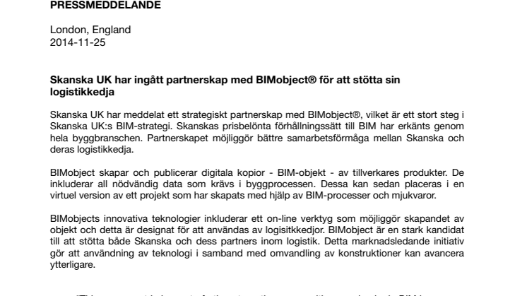 Skanska UK har ingått partnerskap med BIMobject® för att stötta sin logistikkedja