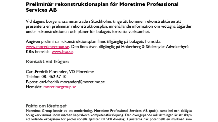 Preliminär rekonstruktionsplan för Moretime Professional Services AB