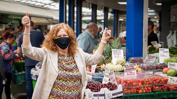 Cllr Jane Black, delighted to be doing her shopping again on Bury Market