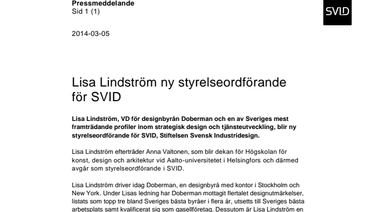 Lisa Lindström ny styrelseordförande för SVID