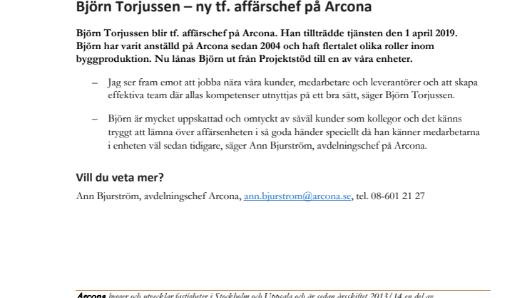 Björn Torjussen - ny tf. affärschef på Arcona 