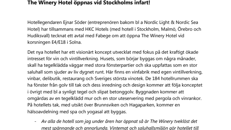 The Winery Hotel öppnas vid Stockholms infart!