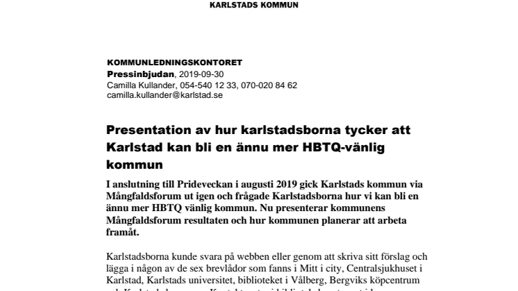 Pressinbjudan: Presentation av hur karlstadsborna tycker att Karlstad kan bli en ännu mer HBTQ-vänlig kommun