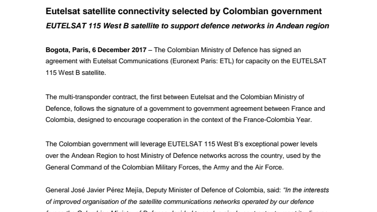 Eutelsat satellite connectivity selected by Colombian government