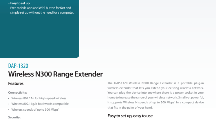 Produktblad, Wireless N300 Range Extender (DAP-1320)