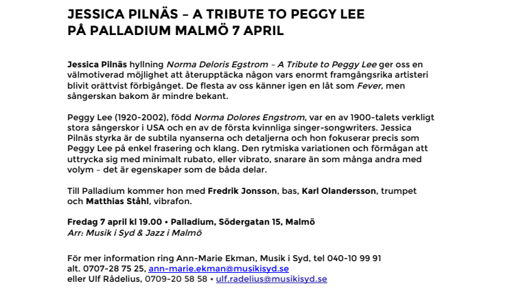 Jessica Pilnäs – A Tribute to Peggy Lee på Palladium Malmö 7 april