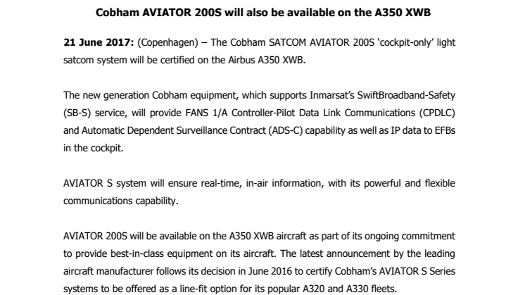 Cobham AVIATOR 200S will also be available on the A350 XWB