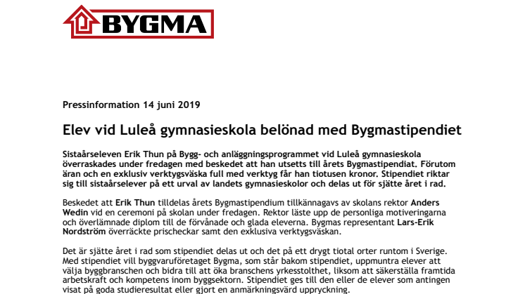 Elev vid Luleå gymnasieskola belönad med Bygmastipendiet