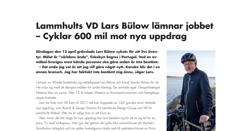 Lammhults VD Lars Bülow lämnar jobbet – Cyklar 600 mil mot nya uppdrag