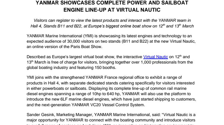 YANMAR Showcases Complete Power and Sailboat Engine Line-Up at Virtual Nautic