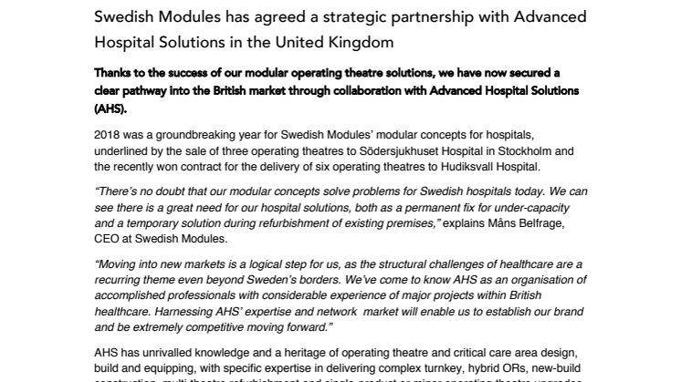 Swedish Modules has agreed a strategic partnership with Advanced Hospital Solutions in the United Kingdom 