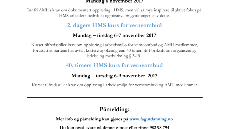 Invitasjon til HMS kurs i Ålesund med oppstart 6 november 2017