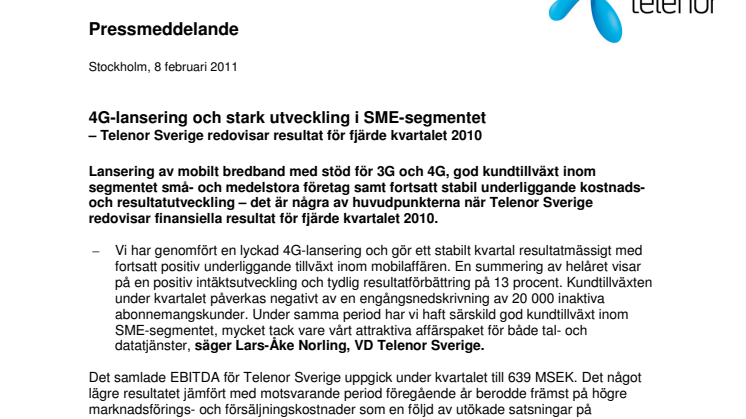 4G-lansering och stark utveckling i SME-segmentet – Telenor Sverige redovisar resultat för fjärde kvartalet 2010