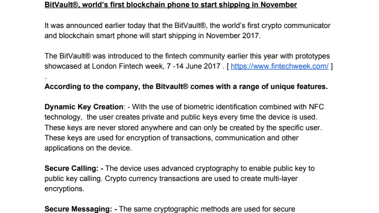 BitVault®, world’s first blockchain phone to start shipping in November