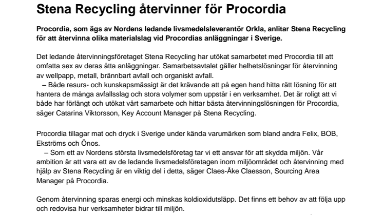 Stena Recycling återvinner för Procordia