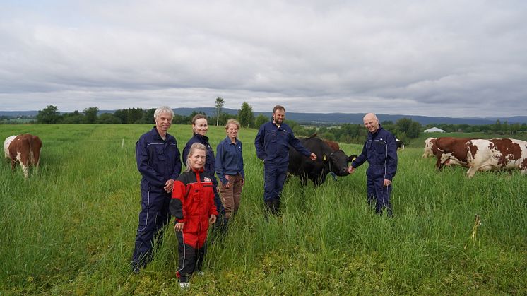 Samen om metankutt. Fra venstre: Prosjektleder Eirik Selmer-Olsen, landbruksminister Sandra Borch, statssekretær i klima- og miljødepartementet,Ragnhild Syrstad, Torunn og Hans Petter Aurstad - og konsernsjef i TINE, Gunnar Hovland. 