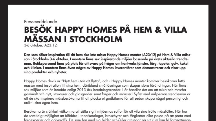 Besök Happy Homes på Hem & Villa mässan i Stockholm