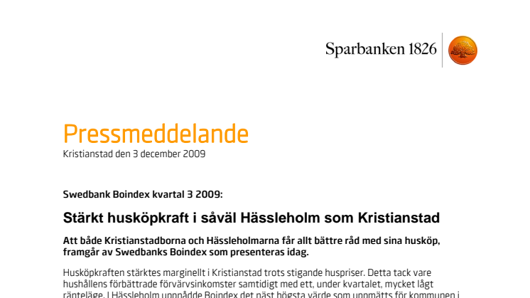 Swedbank Boindex kvartal 3 2009: Stärkt köpkraft i såväl Hässleholm som Kristianstad