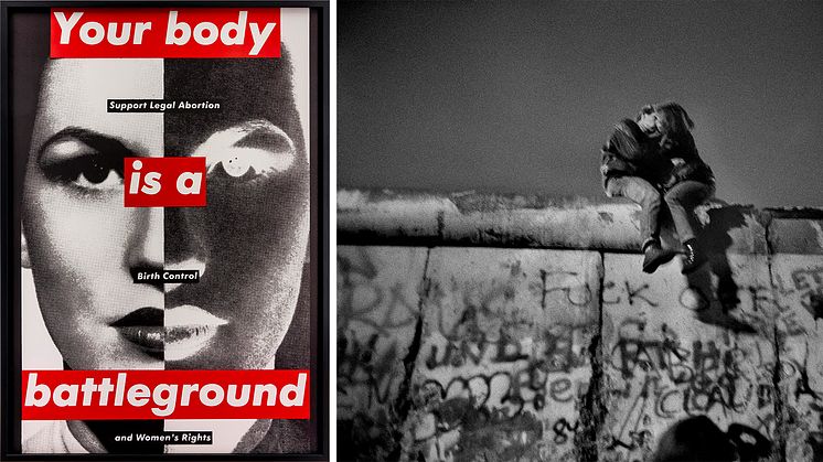 Barbara Kruger, Untitled (Your Body is a Battleground), 1989. Photo: Jochen Arentzen, Courtesy of the artist and Sprüth Magers. Guy Le Querrec, Germany. Berlin. On the wall, people celebrating New Year's Eve, 1989. © Guy Le Querrec/Magnum Photos. 