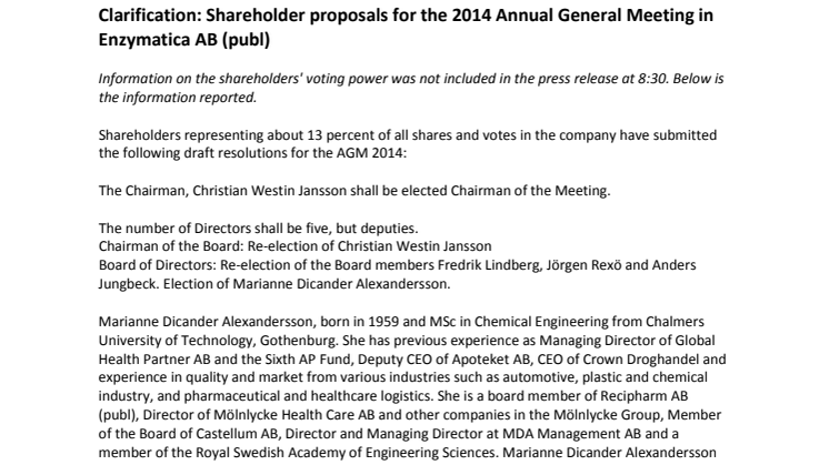 Clarification: Shareholder proposals for the 2014 Annual General Meeting in Enzymatica AB (publ)