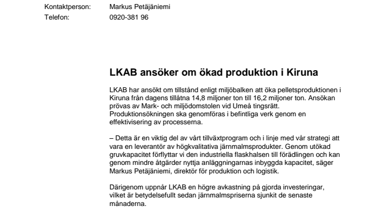 LKAB ansöker om ökad produktion i Kiruna