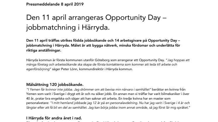 Den 11 april arrangeras Opportunity Day – jobbmatchning i Härryda. 