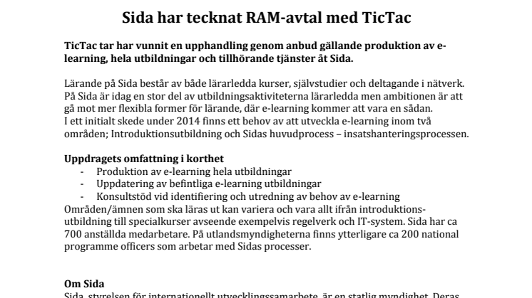 Sida har tecknat RAM-avtal med TicTac