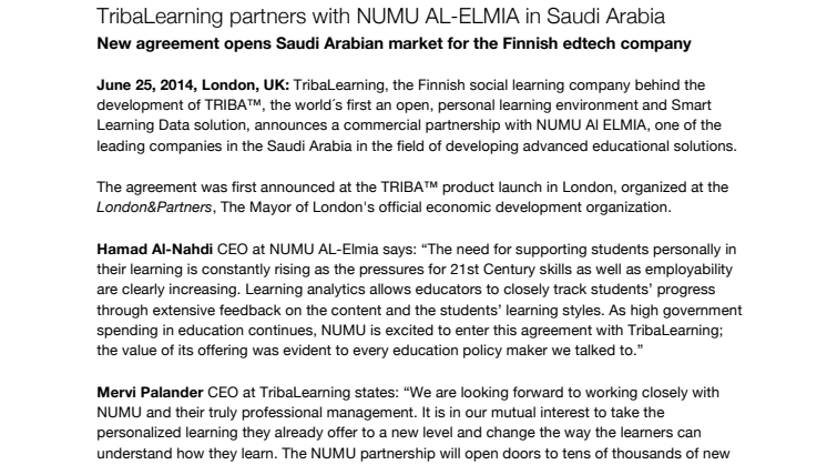 TribaLearning enters a partnership with NUMU AL ELMIA in Saudi Arabia