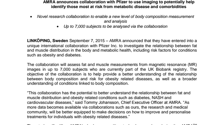  AMRA tillkännager samarbete med Pfizer för att hjälpa till att identifiera dem som löper störst risk metabola sjukdomar