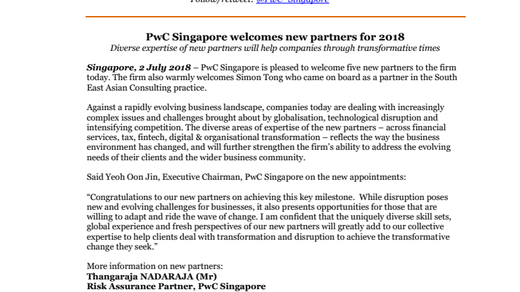 PwC Singapore welcomes new partners for 2018
