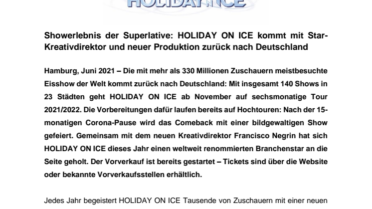 Showerlebnis der Superlative: HOLIDAY ON ICE kommt mit Star-Kreativdirektor und neuer Produktion zurück nach Deutschland