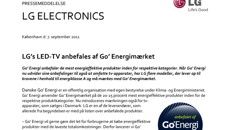 LG’s LED-TV anbefales af Go’ Energimærket