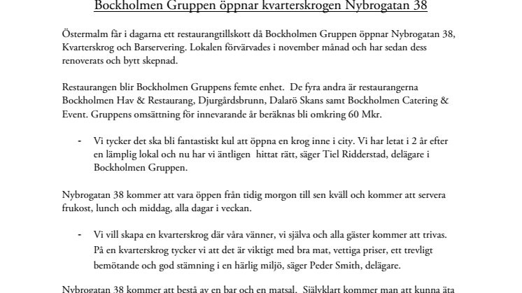 Bockholmen Gruppen öppnar kvarterskrogen Nybrogatan 38