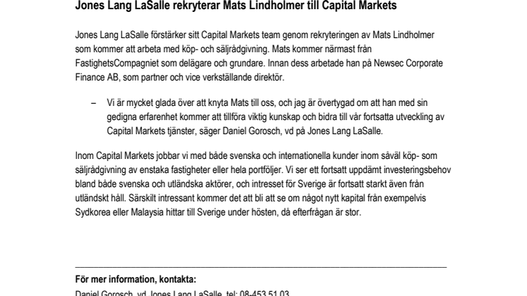 Jones Lang LaSalle rekryterar Mats Lindholmer till Capital Markets 